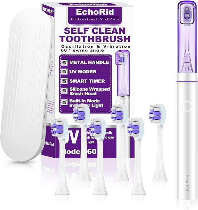 Metal Electric Toothbrush with UV ModeVibration and Oscillation Travel Toothbrush for Adults and Teen6 Brush Heads &amp Travel Case &amp Dust Cover 5 Modes &amp Timer One Charge Last 120 Day（Gr