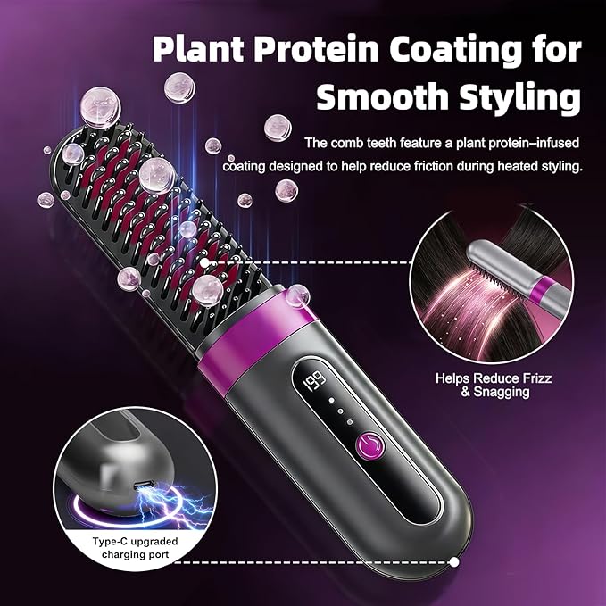 Cordless Hair Straightener Brush - Portable Fast-Heating Styling Tool with Protective Dust Cover - 3 Temperature Settings 300 Million Negative Ions for Frizz-Free Styling On-the-Go &amp Travel Use