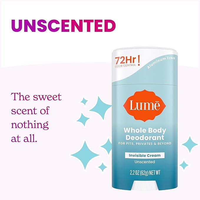 Lume Whole Body Deodorant - Invisible Cream Stick - 72 Hour Odor Control - Aluminum Free Baking Soda Free Skin Safe - 2.2 Ounce (Pack of 2) (Unscented)