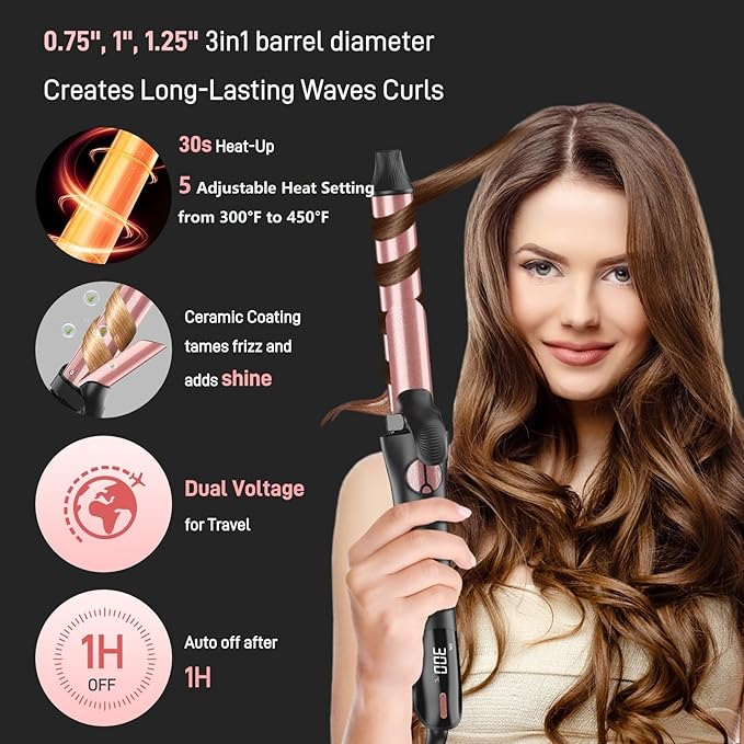 Rotating Curling Iron - 3 in1 Automatic Curling Iron with Interchangeable CurlingWand 3/4 1 1/4 1 Inch CurlingIron for Lasting Beach Waves Adjustable Temp Instant Heat Dual Voltage (Black)