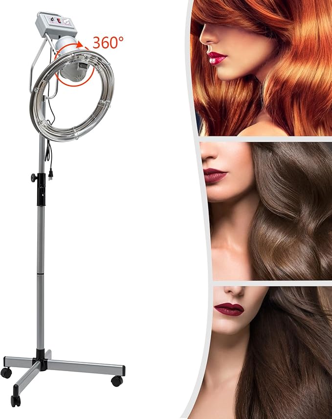 Hooded Stand Up Hair Bonnet Dryer Salon Hair Perming Machine Orbiting Rotating Hair Processor with Rolling Base for Beauty Salon or Home Use 360 Degree Rotation Compatible Silver