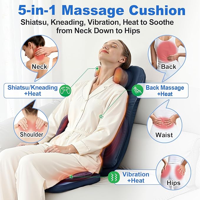 Shiatsu Massage Cushion for Neck and Back with Heat - 4D Kneading Vibration for Relief Muscle Tension Dual-Neck Design Adjustable Intensity and Height for Office Chair Home Use Navy Blue