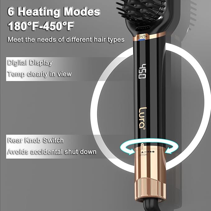 LURA Ionic Hair Straightener BrushDual Voltage Hair Straightening Brush for WomenHigh Heat Flat Iron Brush for Black WomenCeramic Hair Straightener Comb with 6 Adjust Temperature