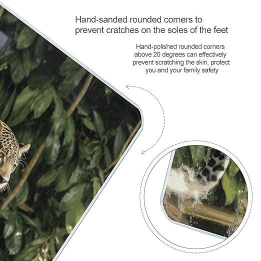 Jaguar Cat on Tree Trunk Waterfall Scale for Body Weight Anti-Slip Tempered Glass Digital Bathroom Scales Clear LCD Display Weighing Scale Safe Rounded Corners Smart Scales