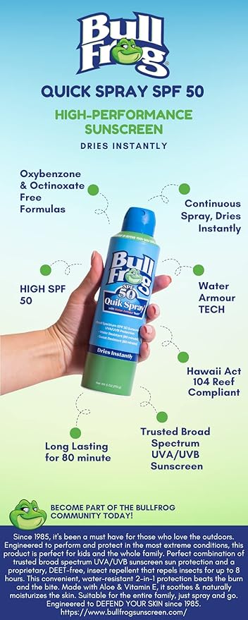 Bullfrog Quik Spray Sunscreen SPF 50 | Oxybenzone &amp Octinoxate Free | Broad Spectrum Moisturizing UVA/UVB 2 pack