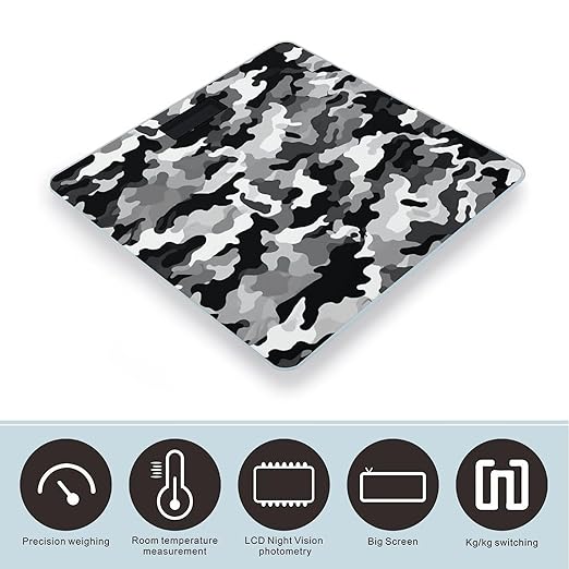 Black Grey White Camo Scale for Body Weight Safe Rounded Corners Tempered Glass Digital Bathroom Scale LED Display 400lb Capacity Weight Scales with High Precision Sensors