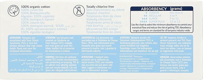 Natracare Non-Applicator 100% Organic Cotton Tampons Super Totally Chlorine Free Biodegradable and Compostable (12 Pack 240 Tampons Total)