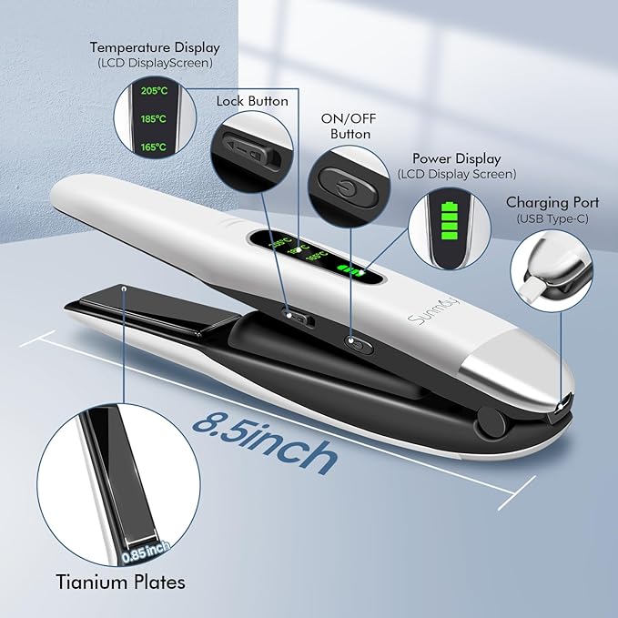SUNMAY Cordless Hair Straightener Portable Mini Flat Iron Hair Straightener for Travel 20s Fast Heating 5000mAh USB-C Rechargeable Dual Voltage Hair Straighteners and Curlers 2 in 1 for Women