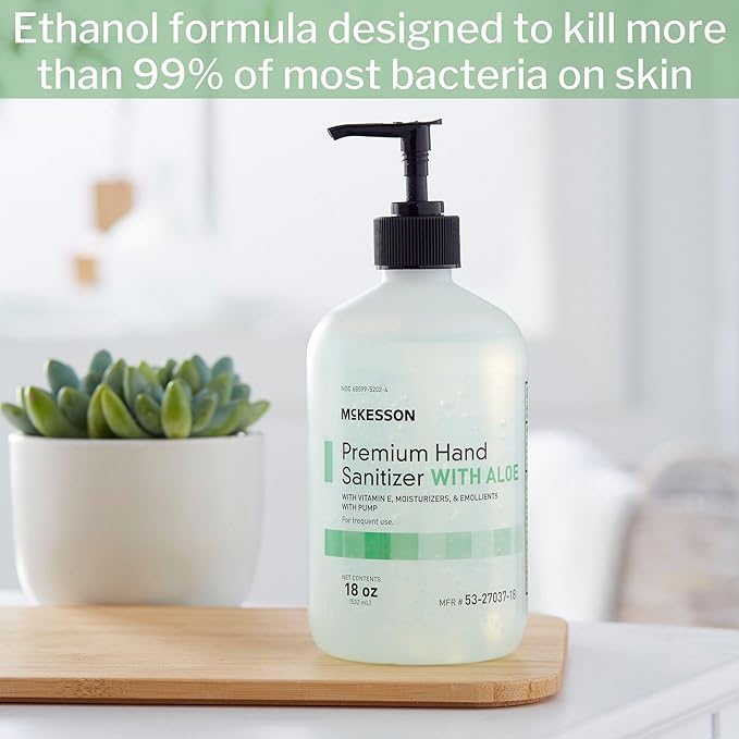 McKesson Hand Sanitizer with Aloe 18 oz Pump Bottle [Pack of 12] – Bulk 70% Ethyl Alcohol Spring Water Scent No-Rinse Gel with Vitamin E and Moisturizers Medical-Grade Sanitizer