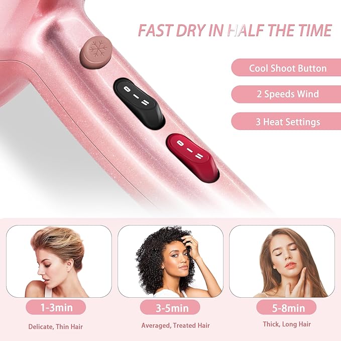 Ionic Hair Dryer2400W Negative Ion Low Noise Hair Dryer Professional Fast Drying Hair Dryers with 2 Speeds 3 Heat Settings Cooling Buttonwith Diffuser for Curly and Straight Hair（Sakura Pink）