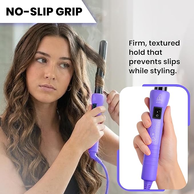 Herstyler Grande Ceramic Tapered Curling Wand - 1 inch Dual Voltage with Negative Ions for Long and Short Hair (Purple)