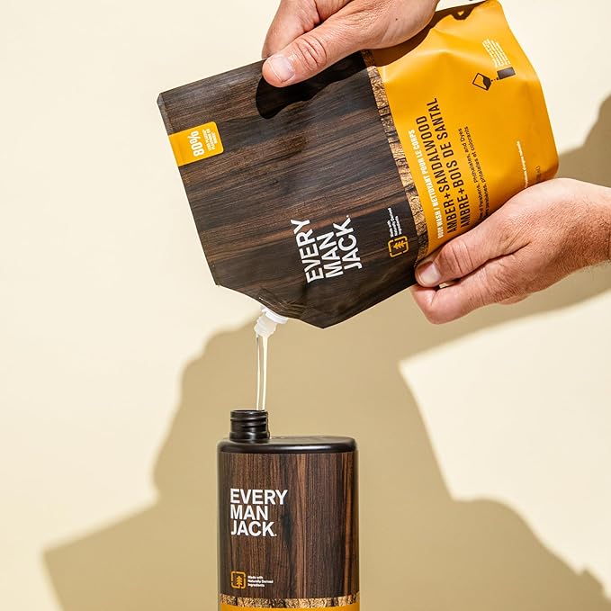 Every Man Jack Amber + Sandalwood Mens Body Wash Refill Starter Pouch - Cleanse Nourish and Hydrate Skin - Naturally Derived Ingredients - Paraben Free Phthalate Free Dye Free - (2-36oz pouches)