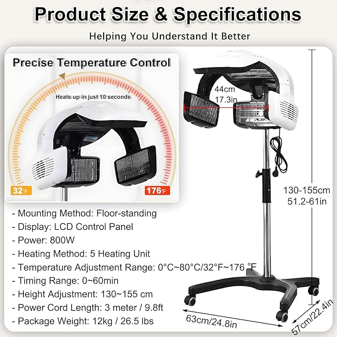 Floor-Standing Professional Hair Dryer with LCD Control Panel Hair Color Processor with 5 Independent Heating Units Adjustable Height Temperature &amp Time