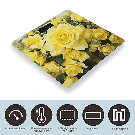 Yellow Rose Scale with LCD Easy-to-Read Anti-Slip Weight Digital Bathroom Scale Precision Weighing Scales Sturdy Tempered Glass Body Weight Scales for Daily Use