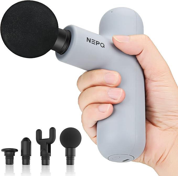 Mini Massage Gun SK6 Fascial Gun Portable Deep Tissue Percussion Muscle Back Head Massager for Pain Relief with 4 Massage Heads 4 Speed High-Intensity Vibration Rechargeable (Gray)