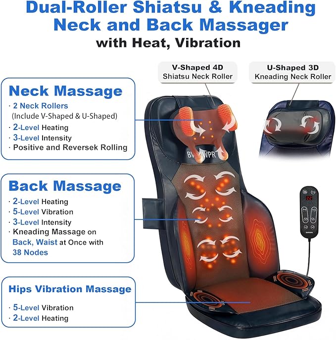 Shiatsu Massage Cushion for Neck and Back with Heat - 4D Kneading Vibration for Relief Muscle Tension Dual-Neck Design Adjustable Intensity and Height for Office Chair Home Use Navy Blue