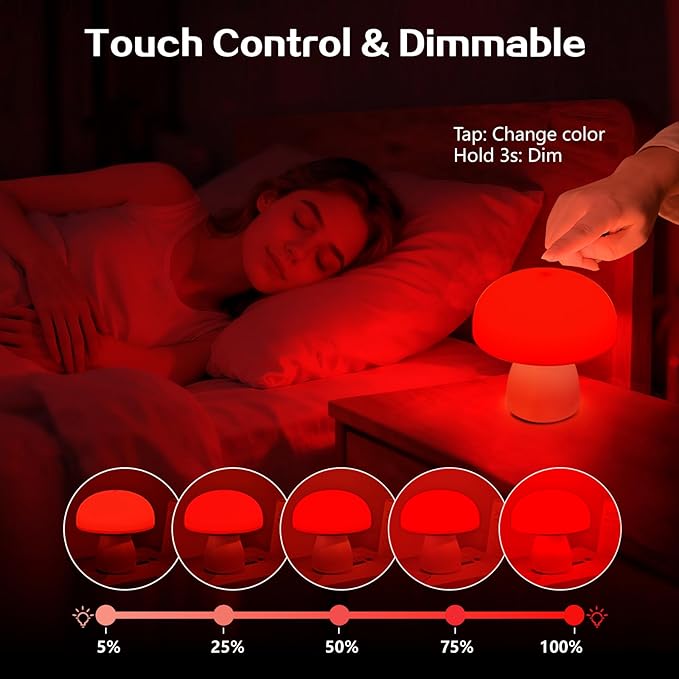 PowerTalk 670nm Red Light Lamp for Bedroom Sleep Dimmable Mushroom Red Night Light with Timer Remote &amp Touch Control for Baby Kids Adults - Portable and Rechargeable[2026 Upgrated Red Light Ther