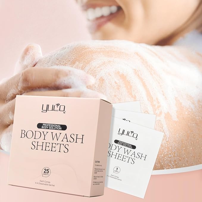 YUCO Travel Body Wash Sheets Travel Pack 25 SheetsIndividual Sachetfor Body WashCamellia Japonica ScentFor GymCampingVacationHotelsHospitalBusiness TripFlight Travel Essentials