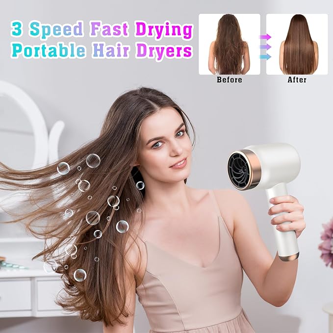 Cordless Hair Dryer for Women with BatteryRechargeable Blow Dryer3 Speed Fast Drying Portable Hair DryersPortable Wireless Hair DryerLow Nois USB Rechargeable Blow Dryer for Travel and Home(White)