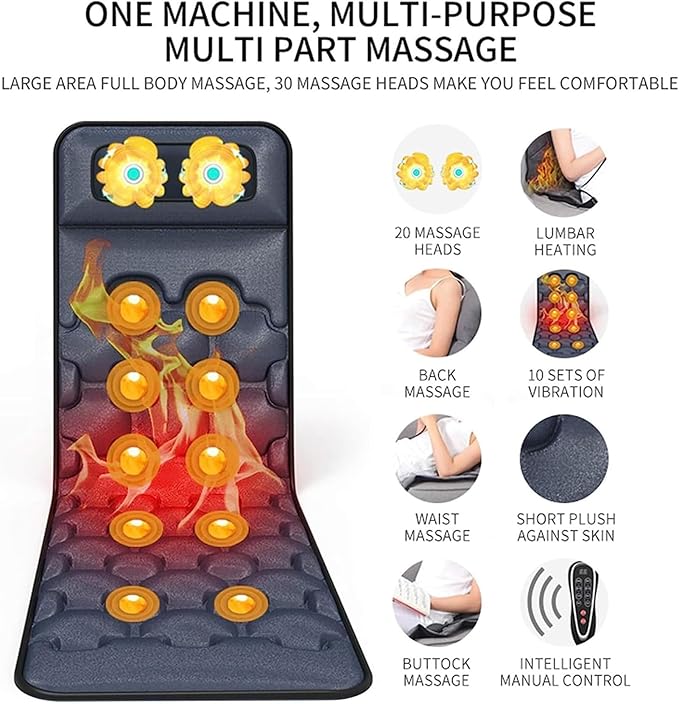 Massage Mat Full Body Massager Cushion Foldable 9 Vibrating Modes with 20 Neck Shiatsu Kneading Massage Heads Electric Massage Mattress Pad for Relieving Back Lumbar Leg 170x60cm