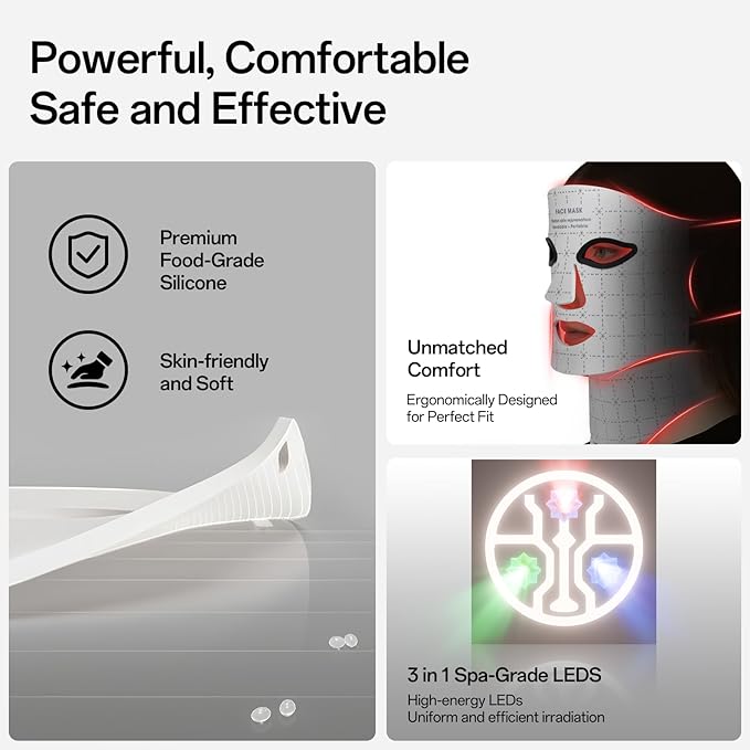 Red Light Mask for Face and Neck 7 Colors Red Light Face Mask with Rechargeable Remote Controller Flexible Portable Lightweight and Ergonomic for Home &amp Travel (White)
