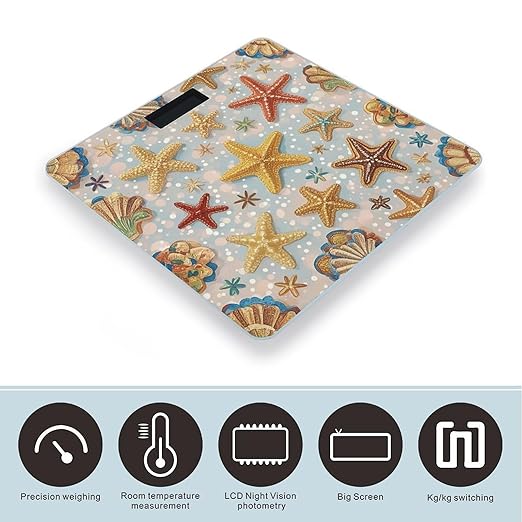 Shell Starfish Pattern Scale for Body Weight Digital Bathroom Scale Toughened Glass High Precision Scales for Body Weight with Large LCD Backlight Display Weight Scales