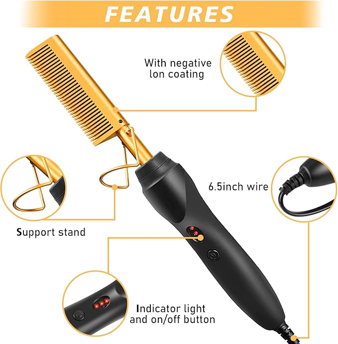 Electric Hot Comb Hair Straightener Deluxe Electrical Straightening Comb Curling Iron for Natural Black Wigs Hot Comb Electric for Wigs Pressing Combs with Wig Glue Melting Spray Hair Wax Stick