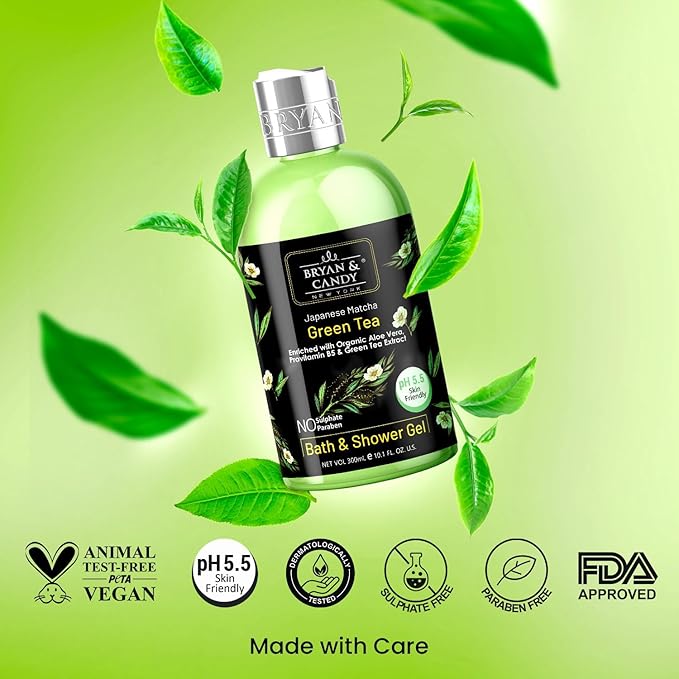 Green Tea Shower Gel (300ml) with Aloe Vera. Gentle Moisturizing Body Wash for Soft Supple Skin