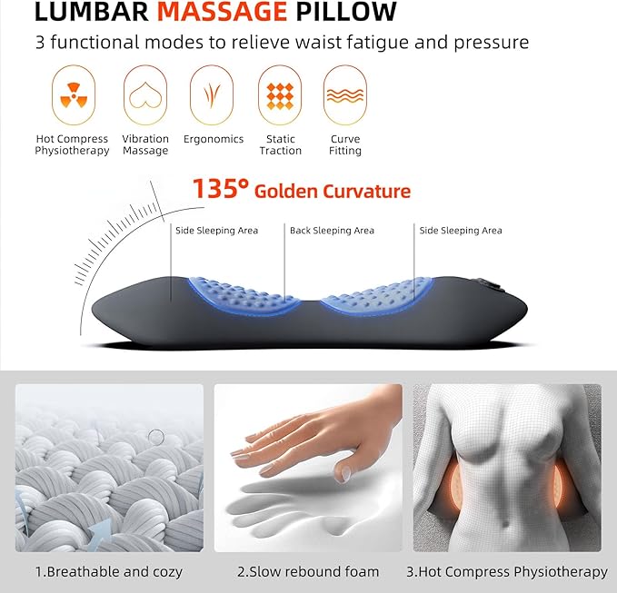 3 in 1 Electric Lumbar Support Pillow with Heat &amp Lift Traction 2026 New Triple Fusion Back Massager Lower Back Pain Relief Deep Tissue Support Pillow for Bed Car Office Chair Memory Foam (Black)