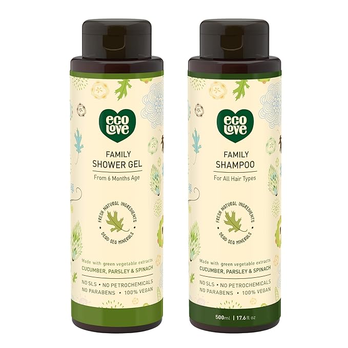 ecoLove - Natural Shampoo &amp Moisturizing Body Wash Set for Dry Skin - With Organic Cucumber - No SLS or Parabens - Vegan and Cruelty-Free Shower Gel 17.6 oz