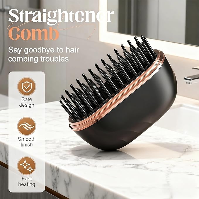 Mini Straightener Portable Heat Hair Brush Cordless Rechargeable Flat Iron &amp Hot Comb for Travel Fast Heating 3-Temp Control Lightweight Anti-Scald Design Compact Hair Styling Tool (Pink)