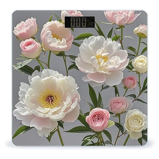 Peony Flowers Rose Bathroom Scale for Body Weight with High Precision Large LCD Backlight Display Digital Weighing Scale with BMI Capacity Up to 180kg