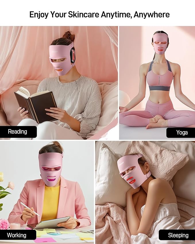 Red Light Mask Silicone Cordless Led Mask with 368 Chips 2000mAh Rechargeable 3 Modes &amp Timer Blue Light Infrared Face Mask Home Travel Working Pink