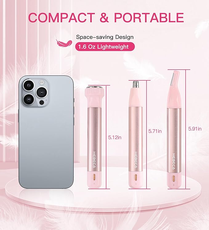 Nose Hair Trimmer for Women 3in1 Facial Hair Removal Trimmers- Rechargeable Waterproof Portable with Travel Bag- Trims Nose Ear Eyebrow Peach-Fuzz Lips Chin Face Hair Remover (Pink)