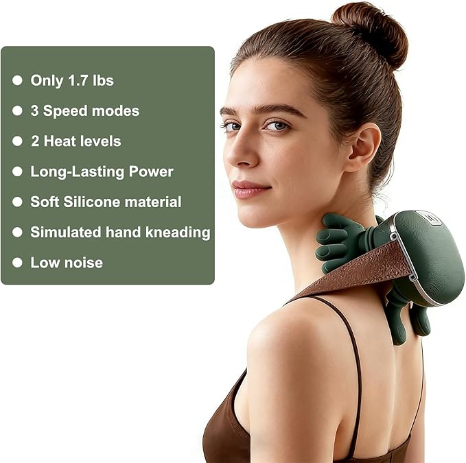 Neck Massager with fingersRechargeable Portable Heated Four Hands Neck and Shoulder Massager Bionic Portable 4D Deep Kneading Shiatsu3 Intensity Levels 2 Heat Settings Gifts for Women or Man