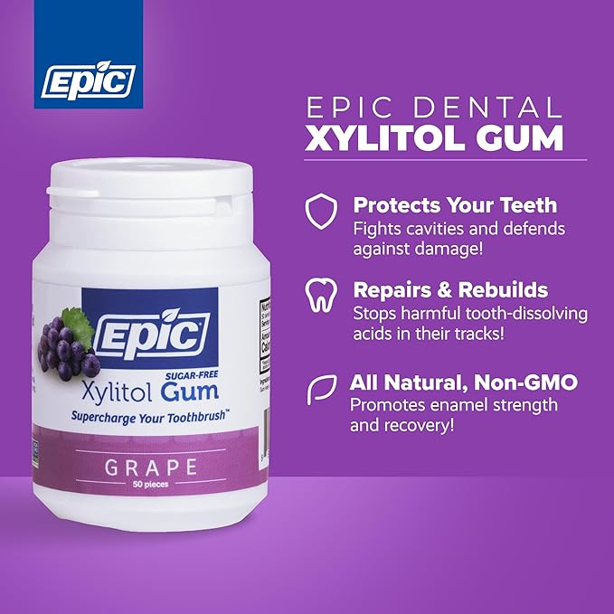 Epic 100% Xylitol Grape Chewing Gum - Sugar Free Aspartame Free Dental Gum - Supports Oral Health &amp Fresh Breath - 50 Pieces (Pack of 3)