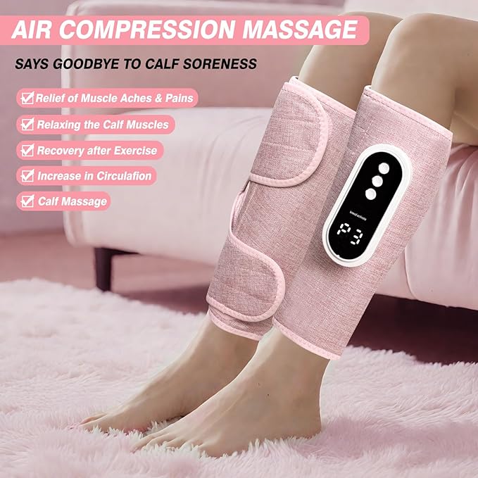 Air Compression Leg Massager Cordless Leg Compression Massager for Circulation with 3 Modes and Heat Easy to use Muscle Relaxation (Pair) (Pink)