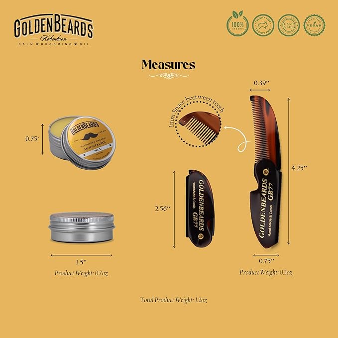 Golden Beards Mustache Wax with GB-77 Folding Comb – Organic &amp Natural Styling Wax for Men – Strong Hold Vegan Cruelty-Free Grooming Kit