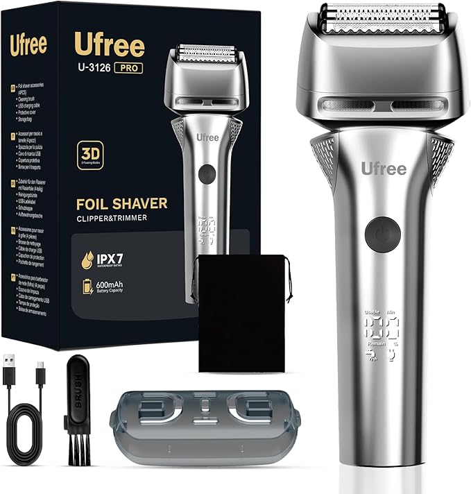 Ufree Foil Shaver with Pop-Up Trimmer 8500 RPM Electric Razor for Men Wet &amp Dry Electric Shaver with 2 Speed Modes LED Display Rechargeable Cordless IPX7 Waterproof Silver
