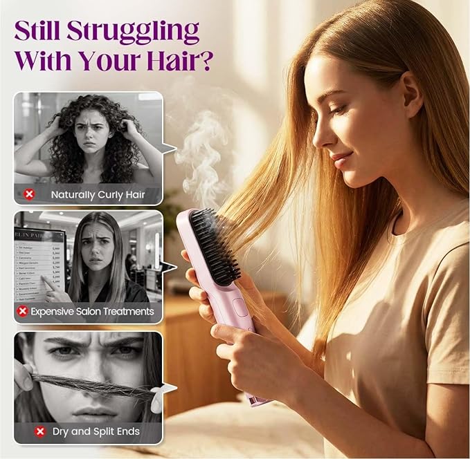 Go Brush - Pro for Short Hair Portable Mini Hair Straightening Comb with 4 Heat Settings 30s Fast Heating Ionic Ceramic Brush USB-C Rechargeable Travel Hair Styler Anti-Frizz(Pink)