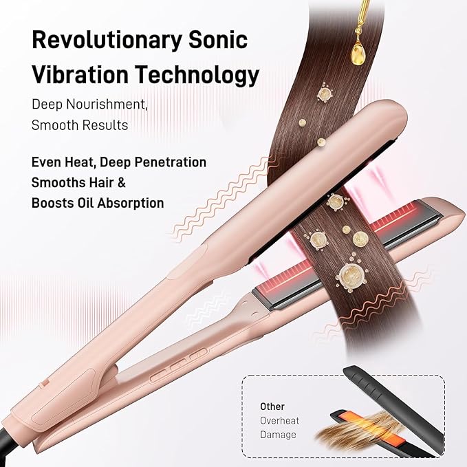 Flat Iron Hair Straightener – 1.75” Ceramic Infrared Ionic Flat Iron with 5s Fast Heat-Up Vibration Technology LCD Temp Control Dual Voltage Anti-Frizz Styling for All Hair Types