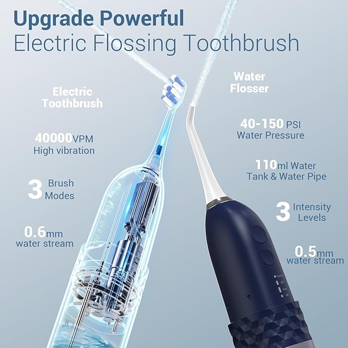 Marchpower Upgraded 2-in-1 Electric Toothbrush with Water Flosser 3+4 Smart ModesPortable Oral Irrigator with Point-Jet Rechargeable IPX7 Waterproof for Home &amp Travel UseNavy Blue