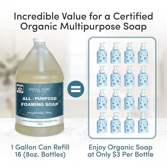 SoCal Suds &amp Company 128oz Certified Organic Foaming Hand &amp Body Wash - Gentle Natural BodyBaby &amp Face Wash for Sensitive Skin Moisturizing All-Purpose Foaming Soap &amp More - Fragranc