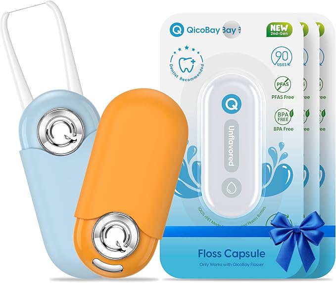 UpFlosser C1S Value Color Duo Bundle 2 UpFlosser C1S + 3 Extra Unflavored Floss Capsules Reusable Auto-Restringing Flosser for Quick &amp Deep Clean (Wave Blue + Twilight Orange)