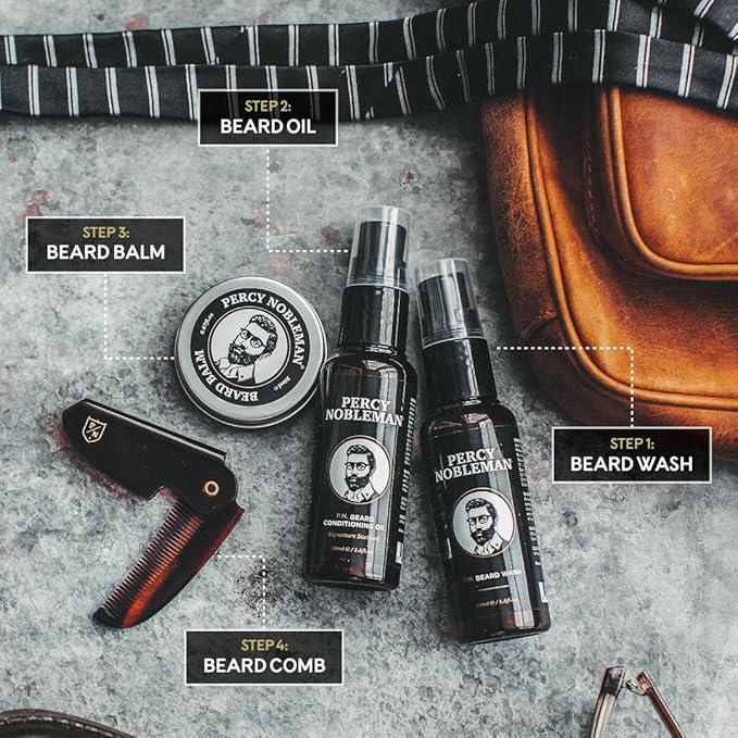 Percy Nobleman Beard Grooming Kit – Gift Set with Signature Scented Beard Oil (1.7 fl oz) Beard Wash (1.7 fl oz) Beard Balm (0.7 fl oz) &amp Beard Comb for Softening Hydration &amp Beard Maintena