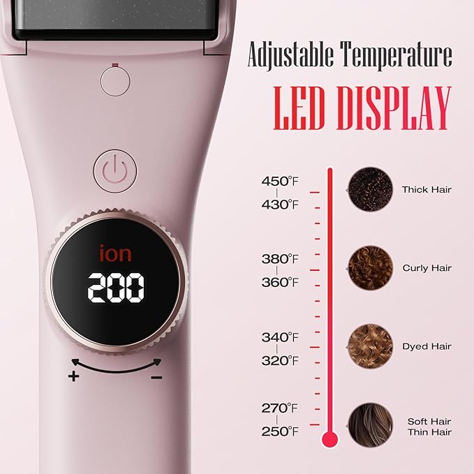 Professional Hair Straightener LENA H2S Wide Flat Iron with Wider Titanium Plates 12 Adjustable Temps LED Display Fast Heating Dual Voltage &amp 30 Minutes Auto Power-Off