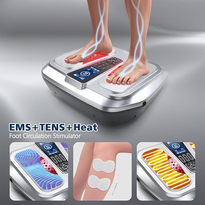 EMS Foot Massager with HeatTENS Electronic Muscle Circulation Stimulator with 4 Electrode Pads for NeuropathyRelieves Swelling Fatigue Plantar Fasciitis-Silent Operation (Silver) (Silver)