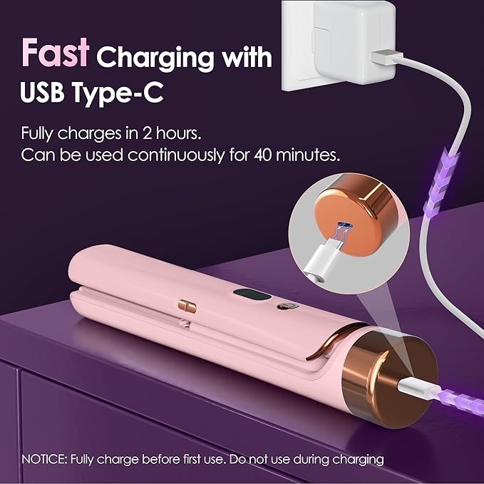 Cordless Hair Straightener Portable Travel Rechargeable Flat Iron Fast Heating Adjustable Temperature for Professional Straightening &amp Curling – Portable and Travel-Friendly (Light Pink)