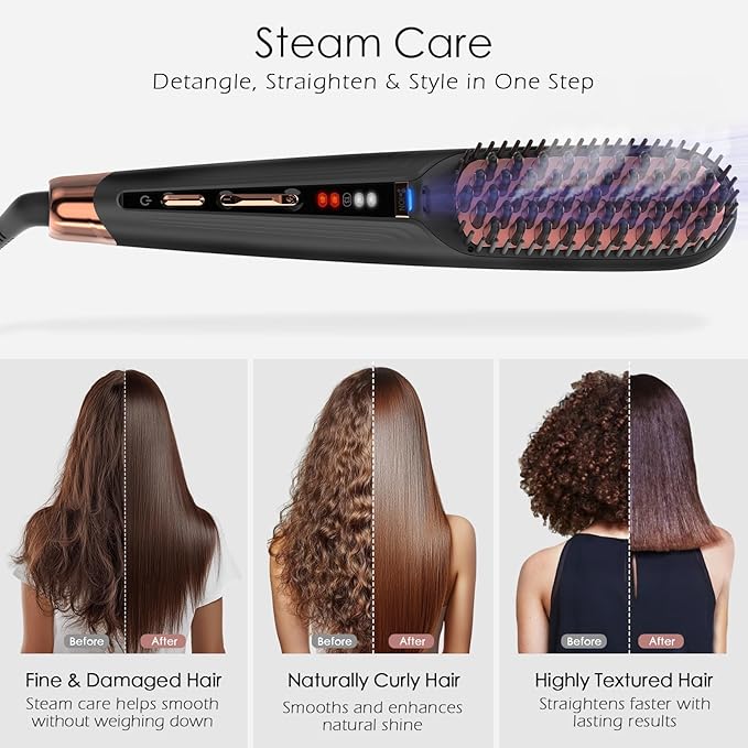 Hair Straightener Brush with Steam Care 3-in-1 Ionic Straightening Comb Black