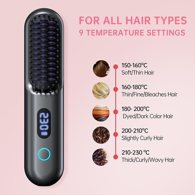 Cordless Hair Straightener Brush-Portable Straightening Comb 9600mAh Batt Plasma Tech 9 Temp-Settings &amp LED Display for Travel &amp Home (Metallic Grey)